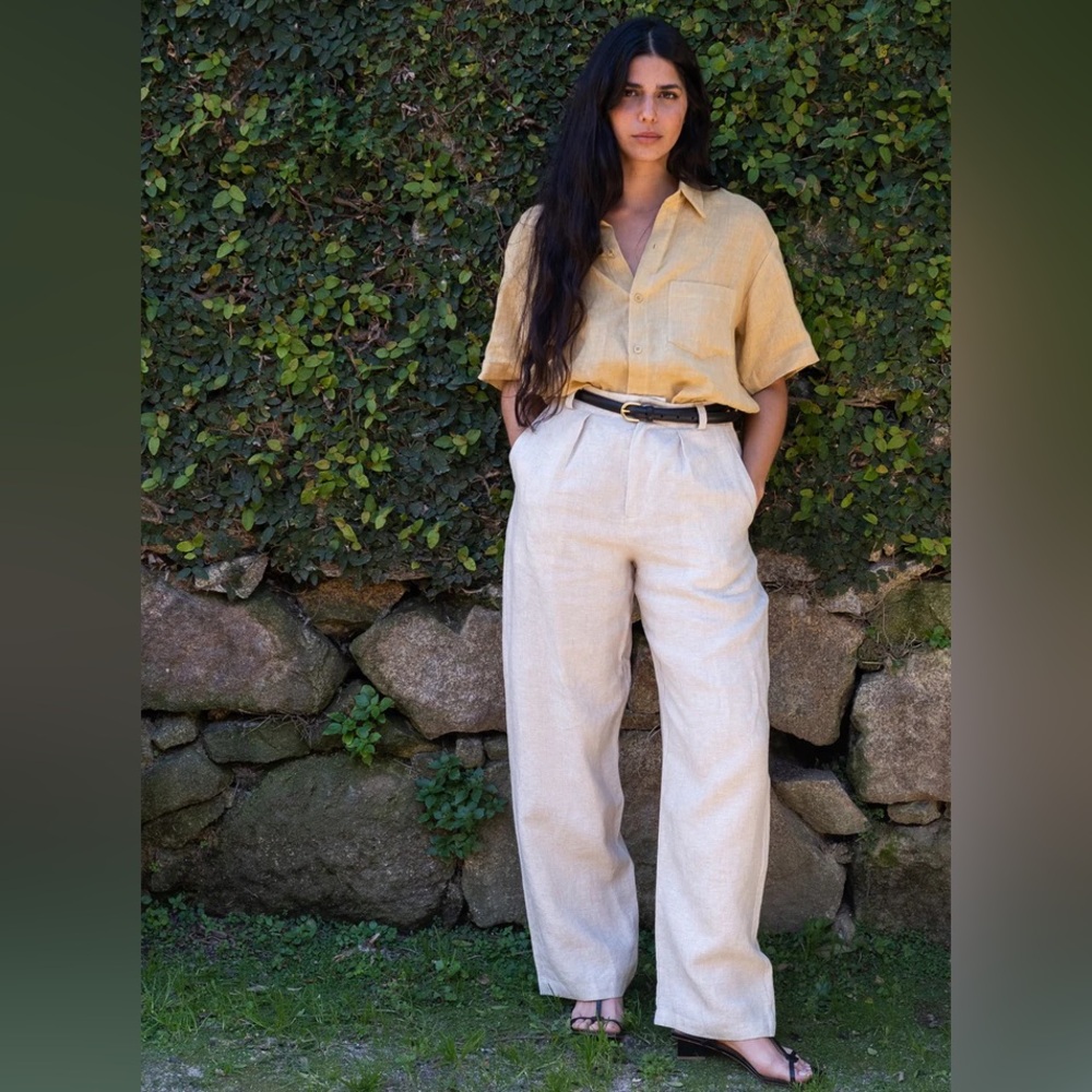 OZMA Beige High-Waist Wide-Leg Trousers